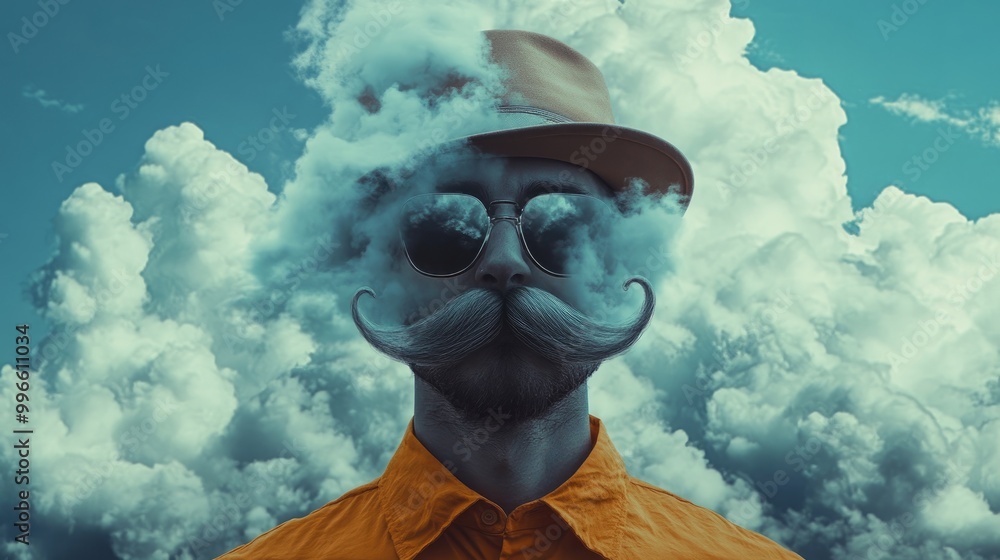Poster surrealist photography featuring distinctive mustaches exploring abstract dreamscapes and imaginativ
