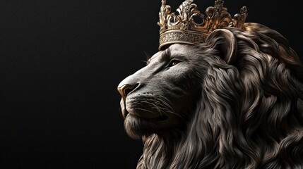 Profile of a lion wearing a gold crown, isolated on a black background.