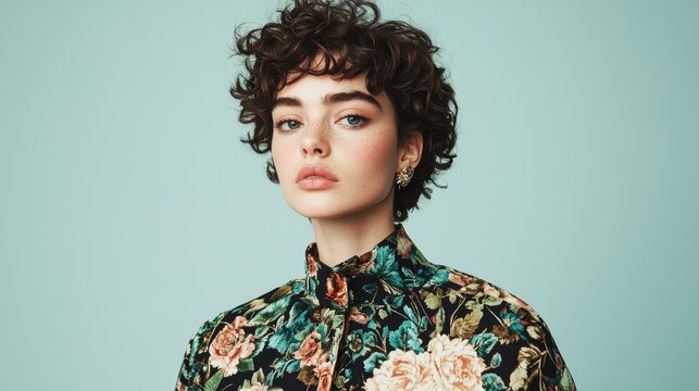 Young woman with curly hair, floral shirt, soft blue background