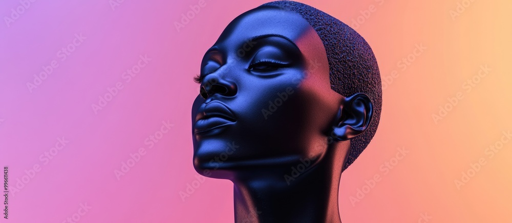 Poster abstract 3d rendering of a black female bust with a flat anonymous extruded face set against a gradi