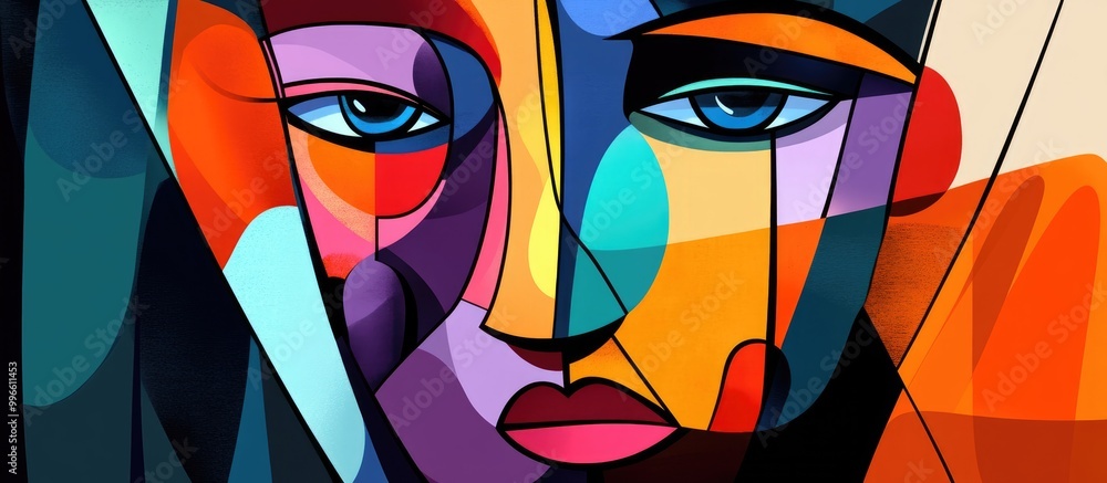 Poster cubist style 2d illustration featuring an abstract representation of a face with vibrant shapes and 