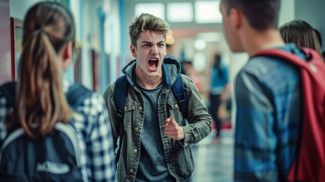 Teenager angrily shouting at peers in a school hallway, expressing frustration and conflict in a tense confrontation.
