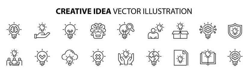 Set of line icons in linear style. Series - Idea. Business idea, creative idea and glowing light bulb. Outline icon collection. Conceptual pictogram and infographic