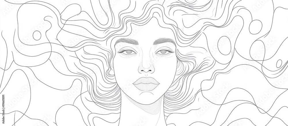Poster curly haired figure surrounded by abstract shapes and lines presented in a minimalist line art style