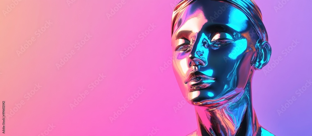 Poster abstract 3d rendering of an anonymous female bust figure crafted from chrome like reflective metal s