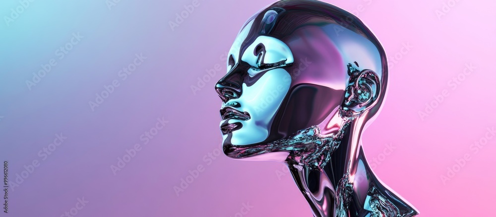 Poster abstract 3d rendering of a chrome female bust figure reflecting metallic surfaces and set against a 