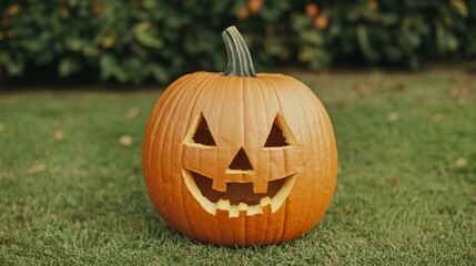 Carved pumpkin with a smiling face on grassy background.