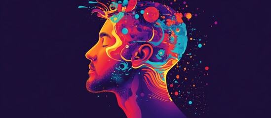 Head profile of a man featuring openings filled with vibrant elements symbolizing memory loss surreal dreams and cognitive disorders designed in a 2d style