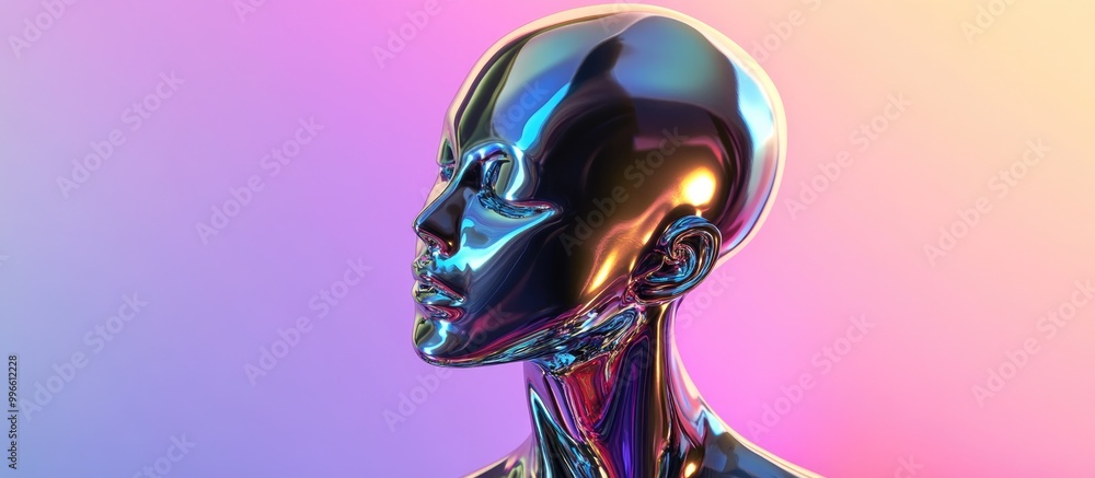 Poster abstract 3d rendering of a chrome female bust figure reflecting light and set against a gradient bac