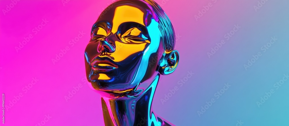 Poster abstract 3d rendering of an anonymous female bust figure crafted from chrome like reflective metal s