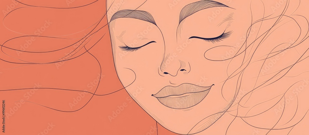 Poster abstract 2d illustration of a smiling woman s face with closed eyes featuring minimalistic and surre
