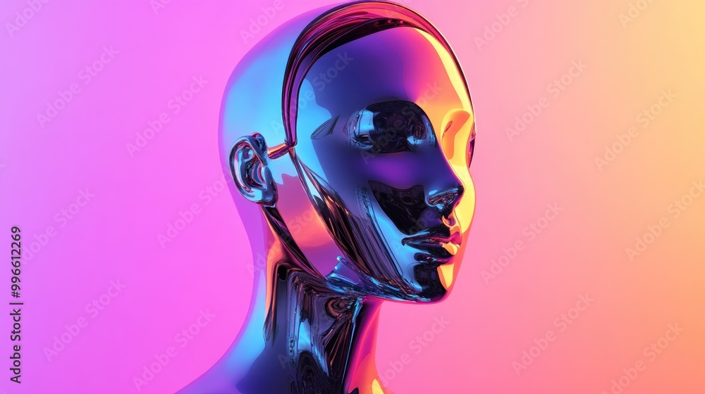 Poster abstract 3d rendering of a female bust figure crafted from reflective chrome set against a gradient 
