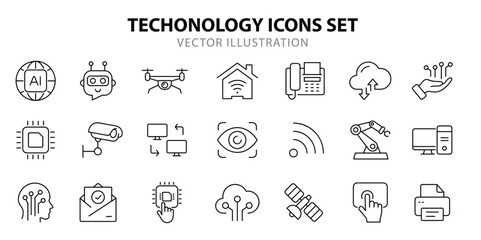 Technology set of web icons in line style. Information technology signs for web and mobile app. IT network system, 5g, communication, computer, chip, web design, software, data center, device, ai.