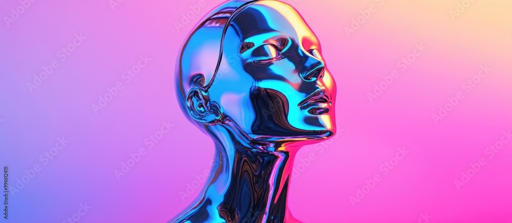 Poster abstract 3d rendering of an anonymous female bust figure crafted from chrome like reflective metal s