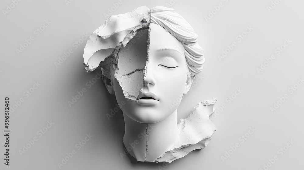 Poster 3d rendering of a white marble female figure sculpture with a sliced missing head showcasing an abst