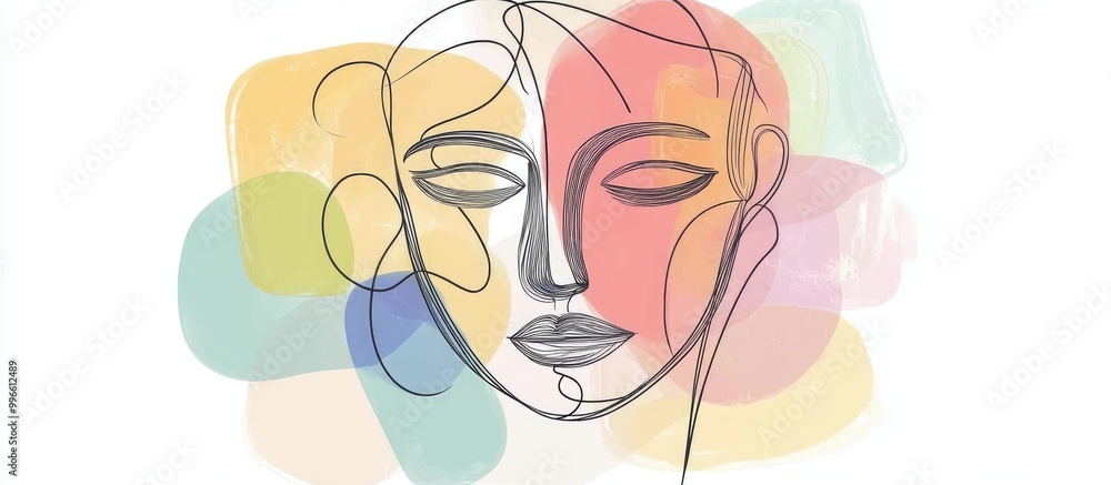 Aufkleber abstract one line face drawing in a cubist surreal style modern artistic elements isolated on a back