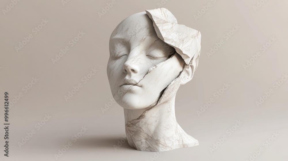 Poster 3d rendering of a white marble female figure sculpture with a sliced missing head showcasing an abst