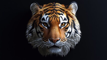 Fototapeta premium Closeup portrait of a tiger's face with sharp eyes and white whiskers on a black background.