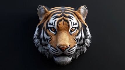 Close-up of a tiger's face with orange and black stripes and a black background.