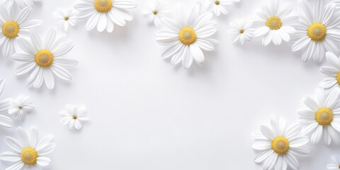 White daisies are scattered across a plain background, creating a simple and elegant floral composition.