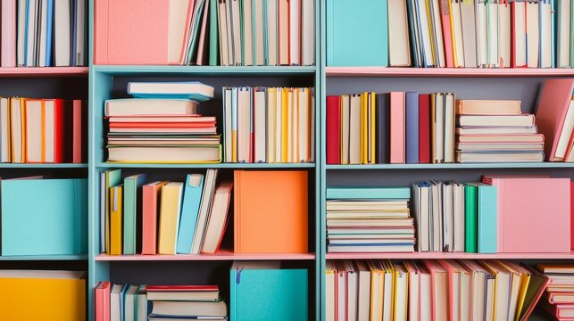 Colorful bookshelf filled with various books and organizers.