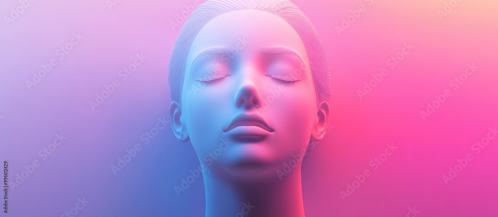Poster creative 3d rendering of a female bust figure featuring a flat anonymous face set against a gradient