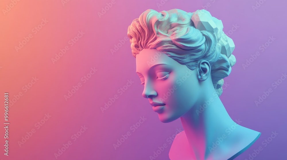 Poster abstract 3d rendering of a stylized female bust figure set against a gradient background featuring v