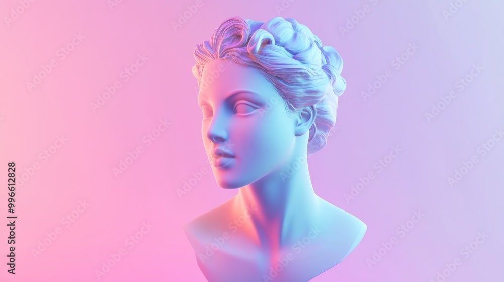 Poster abstract 3d rendering of a stylized female bust figure set against a gradient background featuring v