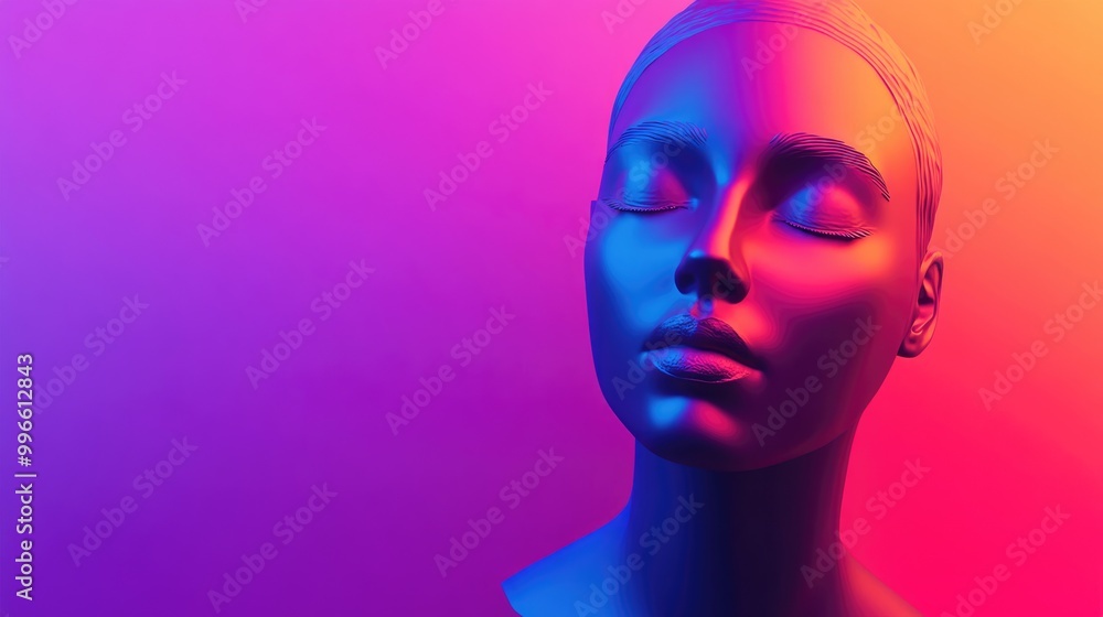 Poster abstract 3d rendering of a female bust figure featuring a flat anonymous extruded face set against a