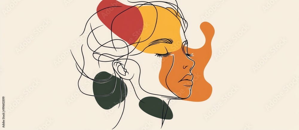 Poster abstract line art illustration featuring a head with a bunch of shapes showcasing a minimalistic con