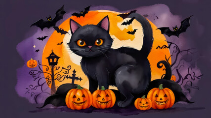 Black cat and jack-o'-lantern pumpkins with bats and Halloween decorations. Watercolor illustration with Happy Halloween text. Halloween celebration. Design for greeting card, poster, invitation