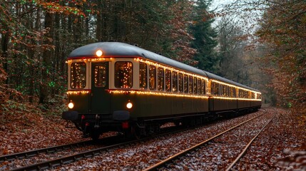 Obraz premium Decorated train on tracks surrounded by autumn forest scenery