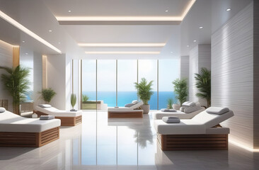 Fototapeta premium interior of luxury spa salon with a pool, neutral white colors, big windows, fresh plants
