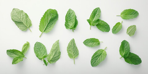 A flat lay of various fresh green mint leaves arranged neatly on a light background, showcasing different sizes and shapes.