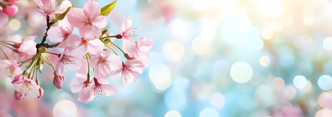 Pink cherry tree blossom flowers blooming in springtime against a natural sunny blurred garden banner background of blue and white bokeh.