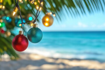 Colorful ornaments hanging from a palm tree, with the bright blue ocean in the background