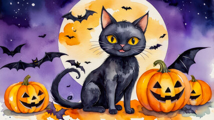 Black cat and jack-o'-lantern pumpkins with bats and Halloween decorations. Watercolor illustration with Happy Halloween text. Halloween celebration. Design for greeting card, poster, invitation