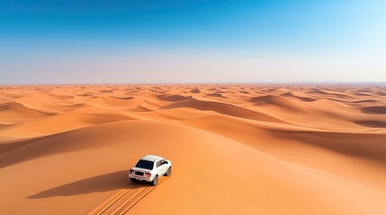 Obraz premium Aerial view of a white SUV navigating through vast desert dunes under a bright blue sky, showcasing adventure and exploration.