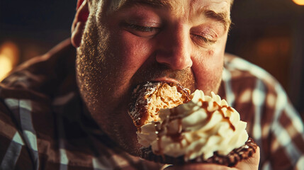 An overweight man enjoying his high-calorie ice cream, which is loaded with sugar and unhealthy calories.