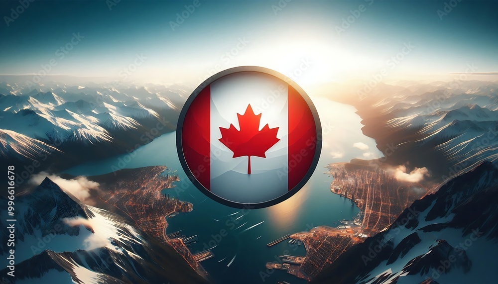 Poster a canadian flag is shown in the center of a large image of a snowy mountain range. the image has a s