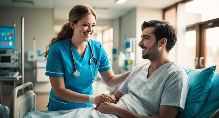 Obraz premium Joyful young Caucasian nurse in a hospital caring for a patient