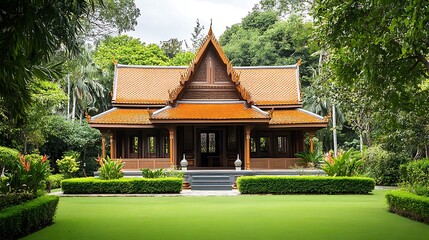 Traditional Thai House in a Lush Garden