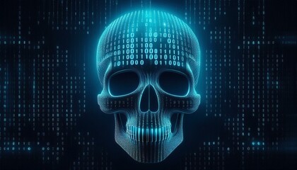 Neon blue skull formed of numbers one and zero on black background; dangers of technology concept art