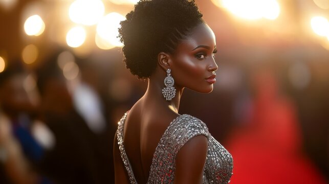 Sudanese Celebrity Stuns in Chic Dress on Red Carpet: Back Side Shot of Glamorous Fashion Elegance