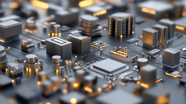 A detailed close-up of a computer motherboard, showcasing various electronic components and circuits with a sophisticated, futuristic design.