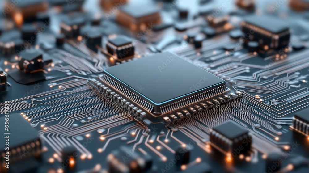 Poster close-up of a microchip on a circuit board, showcasing intricate details of electronic components an