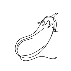 An eggplant vegetable with a long stem and a pointy tip. The stem is curled up and the tip is pointed