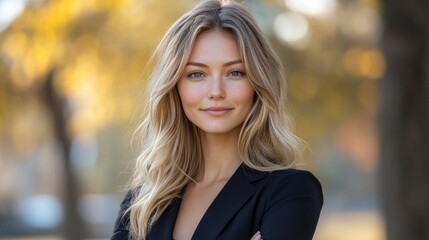 Portrait of a beautiful young woman with blonde hair smiling outdoors