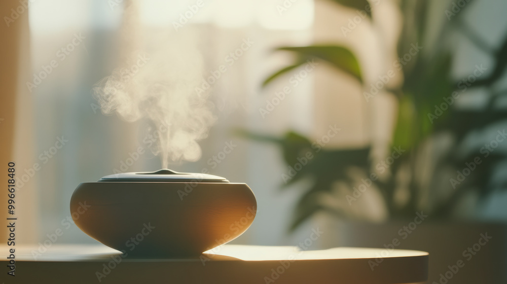 Poster a modern diffuser emitting steam sits on a table, creating a serene atmosphere with soft natural lig