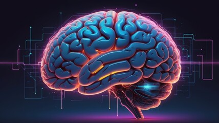 Human brain connected to digital interfaces, glowing neon data streams